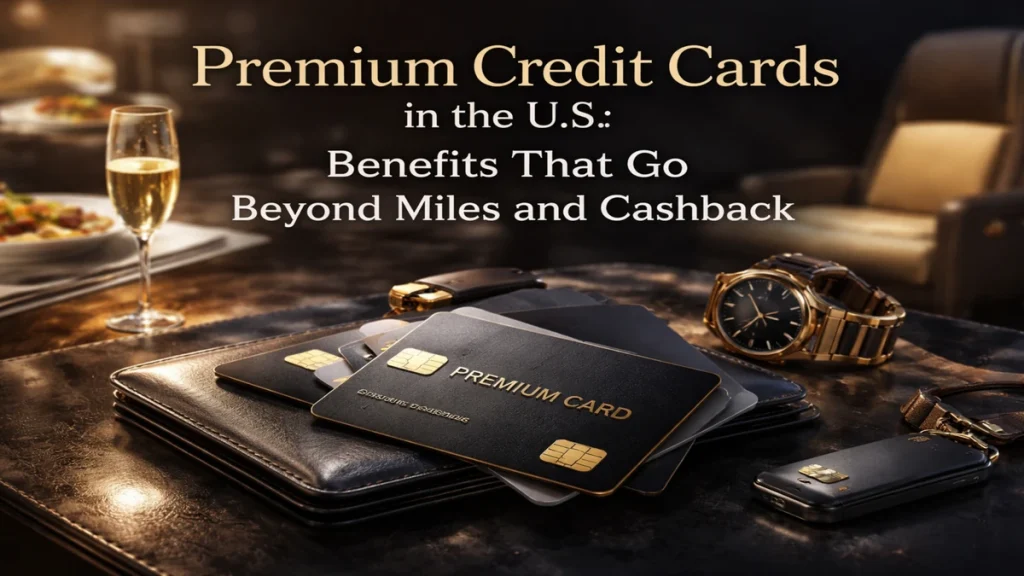 Premium credit cards displayed on a luxury desk with a wallet, watch, and champagne, representing high-end financial benefits beyond miles and cashback in the U.S.