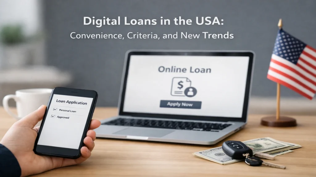 Digital loans in the USA concept showing a person holding a smartphone with loan application, laptop displaying online loan approval, US flag, cash and car keys on desk representing financial services and lending trends