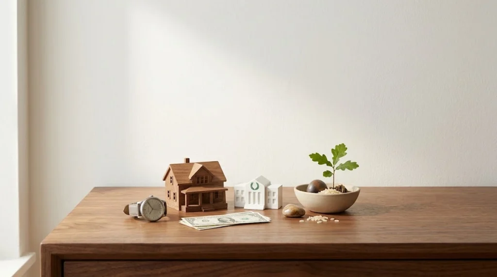 A wooden desk with miniature objects representing wealth and investments, including a wrist watch, a wooden model house, cash bills, a small bank building replica, and a potted plant sprout.