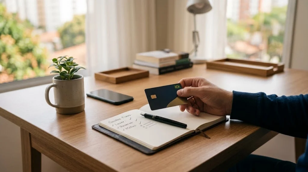 Person sitting at a wooden desk near a window, holding a credit card over an open notebook that features a handwritten financial list in Portuguese ("Gastos Fixos", "Lazer", "Reserva", "Metas"). The desk is neatly organized with a fountain pen, a small potted plant in a mug, a smartphone, and a stack of books.