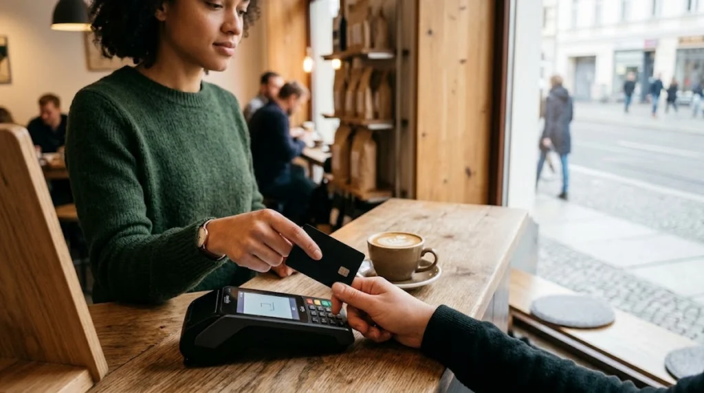 Eine Person hält eine schlichte, schwarze Kreditkarte über ein Kartenlesegerät auf einer hölzernen Ladentheke. Neben dem Gerät steht eine Tasse Kaffee mit Milchschaumkunst. Im Hintergrund ist die ruhige, helle Atmosphäre eines Cafés zu sehen. Die Szene ist realistisch, klar strukturiert und drückt eine bewusste Alltagsentscheidung aus.