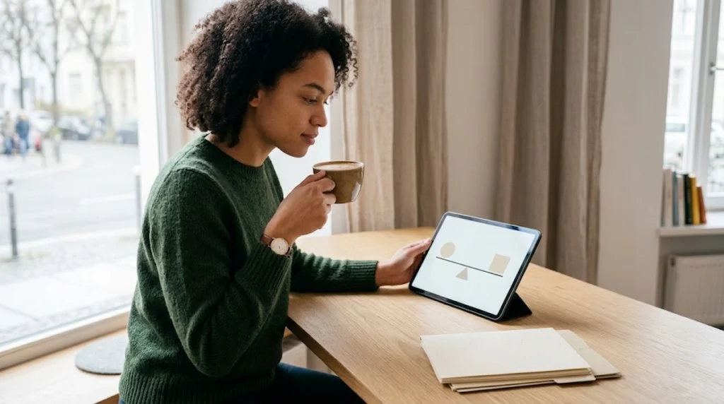 Eine Person sitzt an einem aufgeräumten Holztisch an einem hellen Fenster, hält eine Tasse in der Hand und schaut nachdenklich auf ein Dokument. Die minimalistische und ruhige Atmosphäre vermittelt ein Gefühl von finanziellem Überblick und langfristiger Stabilität.