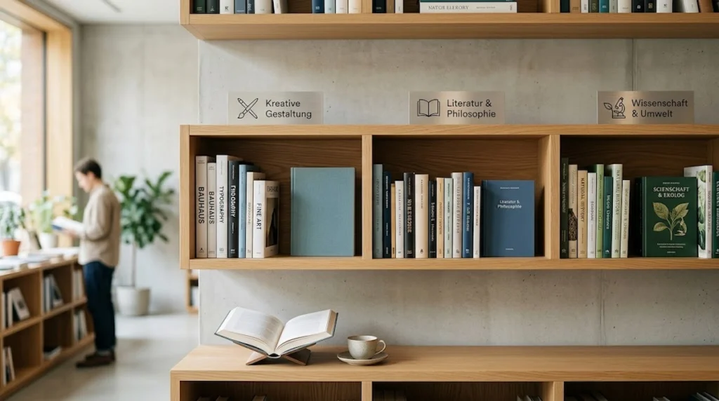Ein minimalistisches, helles Interieur-Foto, das eine moderne Bibliotheks- oder Bücherecke zeigt. Im Vordergrund sind saubere, helle Holzregale an einer Sichtbetonwand zu sehen. Die Regale sind präzise und thematisch organisiert. Das obere Regal ist in drei klare Abschnitte unterteilt, die jeweils mit einem unbedruckten Metallschild versehen sind. Der linke Abschnitt enthält eine Sammlung von Büchern mit blauen Buchrücken. Der mittlere Abschnitt hat Bücher mit beigen und grauen Buchrücken. Der rechte Abschnitt zeigt Bücher mit grünen Buchrücken. Auf der mittleren Regalebene, etwas nach unten versetzt, steht ein offenes Buch mit blanken Seiten auf einem minimalistischen Buchständer, daneben eine cremefarbene Tasse und Untertasse. Darunter befindet sich ein langes, durchgehendes Regal mit einer geordneten Reihe von Büchern mit beigen und grauen Buchrücken. Im unscharfen Hintergrund, links, steht ein Mann in einem hellbraunen Hemd und einer blauen Hose an einem weiteren, niedrigeren Holzregal und blickt auf die Bücher. Der Mann hat ein Buch in der Hand. Ein großer Topf mit einer Ficus-Lyrata-Pflanze steht neben ihm. Ein großes Fenster im Hintergrund lässt weiches, natürliches Tageslicht herein und gibt den Blick auf eine Straße und Bäume frei. Das Foto ist scharf, mit ausgewogenem Kontrast und ohne übermäßiges Rauschen. Es gibt keine Textelemente auf den Regalen oder Büchern. Das Seitenverhältnis beträgt 16:9.