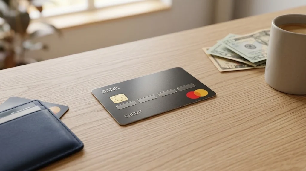 A realistic and minimalist photograph of a sleek, matte-black credit card with a silver chip resting on a light wooden table. To the left sits a navy blue leather wallet, and to the right, a white ceramic coffee mug next to a neat stack of U.S. dollar bills. Soft, natural light fills the scene from a blurred window in the background, creating a calm and organized atmosphere.