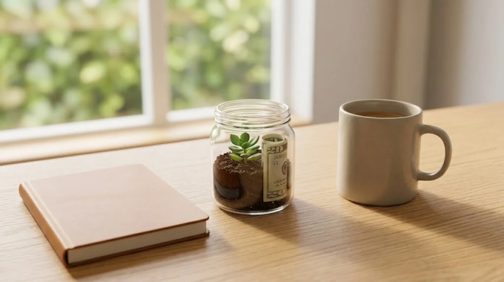 A realistic and minimalist photograph on a light wooden desk illuminated by soft natural sunlight. In the center, a small clear glass jar holds coins with a tiny green sprout growing out of it, symbolizing long-term financial stability and growth. Next to the jar rests a simple ceramic mug and a clean closed notebook, presenting an organized, calm, and uncluttered scene.