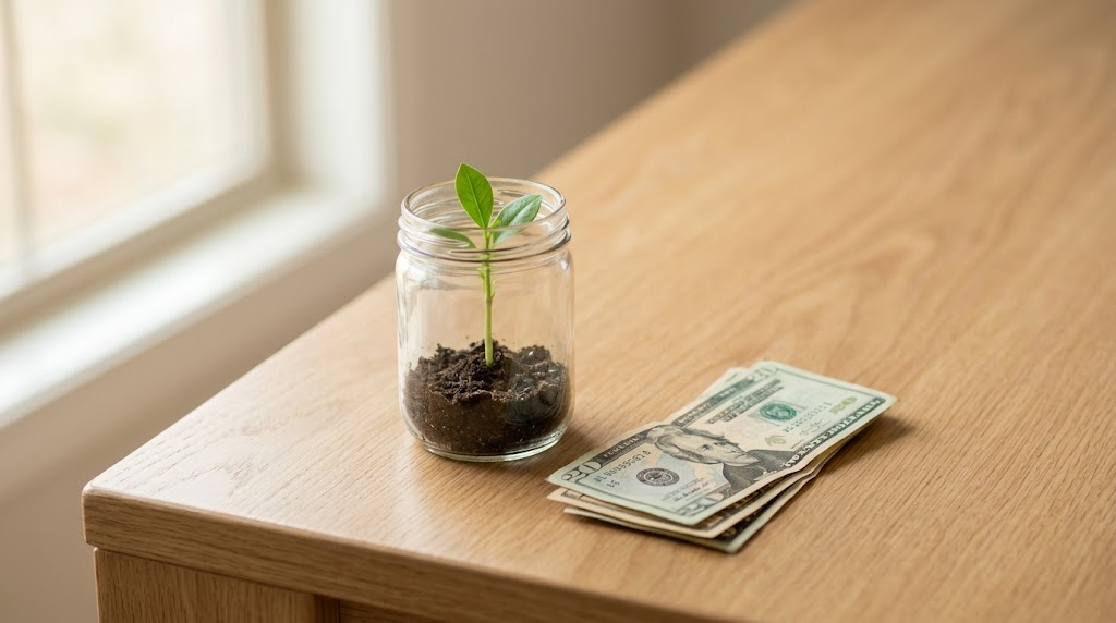 A minimalist and realistic photo symbolizing financial growth and everyday choices. It features a small green plant thriving in a glass jar of soil next to a neat stack of US dollar bills, all resting on a wooden table. Natural sunlight bathes the simple, uncluttered scene, emphasizing a focused and steady approach to long-term wealth.
