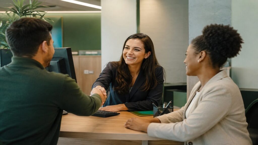 “Cliente cumprimenta gerente em ambiente moderno de atendimento financeiro, enquanto outra profissional acompanha a reunião em espaço corporativo elegante e iluminado. A cena representa a proximidade no relacionamento entre consumidores e bancos cooperativos brasileiros, destacando confiança, atendimento humanizado e crescimento do setor financeiro no Brasil.”