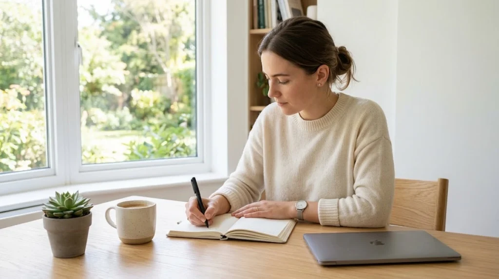 Un bureau en bois clair vu de haut, dans un style minimaliste et baigné de lumière naturelle. Sur la surface se trouvent un ordinateur portable ouvert, un carnet vierge avec un stylo posé à côté, une tasse en céramique et une petite plante verte en pot, évoquant l'organisation et la sérénité. L'image ne contient aucun texte, graphique ou chiffre.