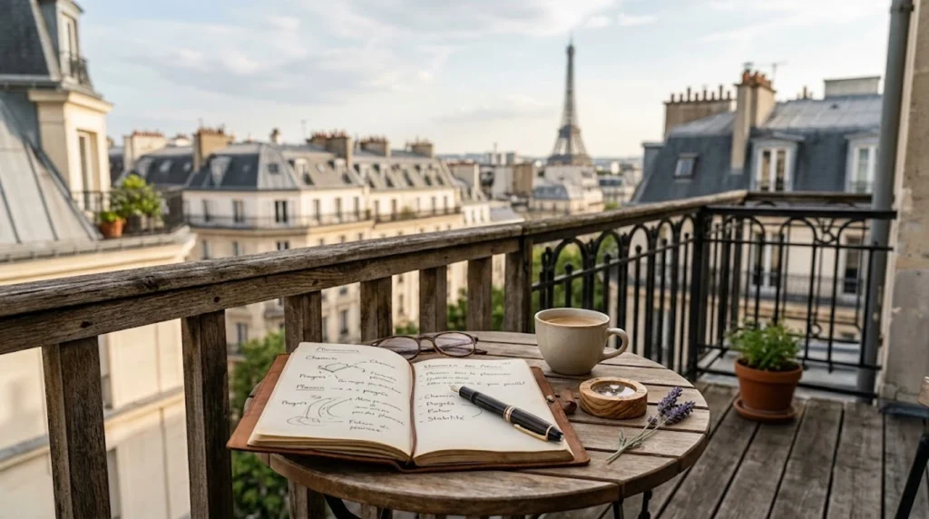 "Vue réaliste et minimaliste depuis un balcon typiquement parisien en bois et fer forgé. Sur une petite table ronde en bois, un carnet ouvert montre un croquis fait à la main représentant un chemin sinueux et un cap. À côté du carnet se trouvent un stylo plume, des lunettes, une tasse de café fumante, une boussole en bois et un brin de lavande. En arrière-plan flou, sous un ciel doux, se découpent les toits de Paris et la silhouette de la Tour Eiffel."