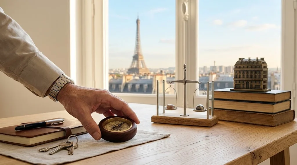 Una foto minimalista a livello degli occhi mostra una mano maschile in primo piano, sfocata, che sposta una pedina degli scacchi su una scacchiera di legno. Sullo sfondo, con una messa a fuoco nitida, si erge la Torre Eiffel, simbolo della Francia. Un orologio da tasca antico appoggiato accanto alla scacchiera rappresenta il tempo e gli obiettivi a lungo termine. L'illuminazione è soffusa e naturale, proveniente da una finestra fuori campo.