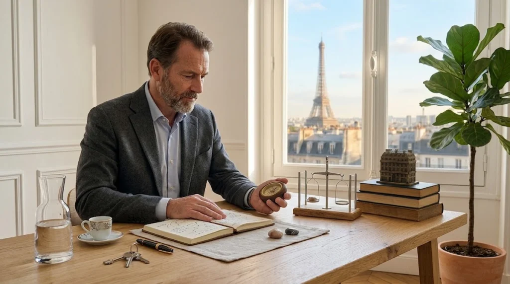Une photographie en plan moyen montre un homme d'affaires d'âge mûr, avec une barbe soignée, assis à un bureau en chêne dans un bureau lumineux à Paris. Il porte une veste de costume grise sur une chemise bleue. Il est concentré, tenant une boussole dans sa main droite et regardant un journal ouvert avec des notes manuscrites et des dessins. Sur son bureau bien rangé se trouvent une carafe d'eau en verre, une tasse de café expresso, un stylo, des clés, deux petits galets, une petite balance équilibrée, une pile de livres anciens et une maquette miniature d'un bâtiment haussmannien. Une grande plante verte d'intérieur est placée à droite. Par la fenêtre derrière lui, sous un ciel bleu clair, se dessine la silhouette emblématique de la Tour Eiffel dominant les toits de Paris. La lumière naturelle pénètre dans la pièce, créant une atmosphère paisible et studieuse.