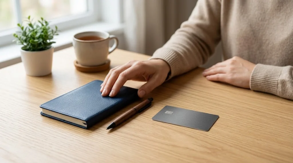 Une image minimaliste et réaliste centrée sur la gestion financière quotidienne. Sur une surface en bois clair et propre, au centre de la composition, reposent quatre éléments organisés : une carte de crédit noire mate et vierge (sans logos ni numéros visibles), un petit carnet de notes gris-bleu fermé, un stylo en bois élégant et une petite tasse en céramique contenant du café. Les objets sont bien définis et disposés côte à côte sous une douce lumière naturelle venant de la gauche. L'arrière-plan est un environnement domestique subtilement flou, montrant le bord d'une fenêtre et une petite plante verte à feuilles fines, évoquant un cadre calme et propice à la planification.
