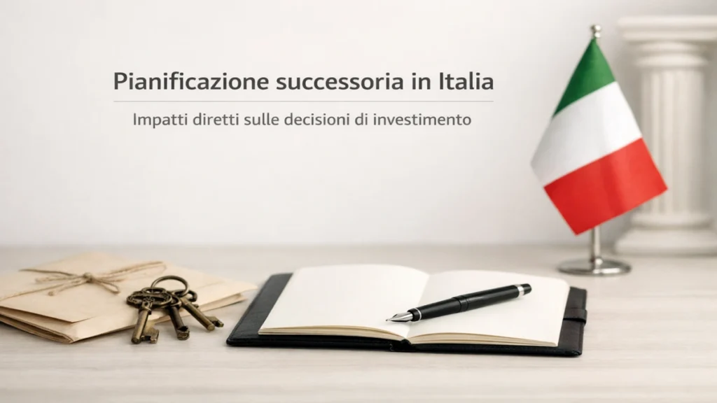 Pianificazione successoria in Italia con bandiera italiana, chiavi, documenti e taccuino aperto su un tavolo, simbolo di gestione patrimoniale e decisioni di investimento