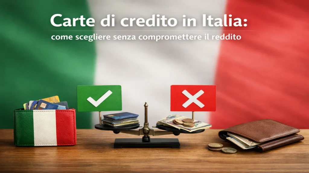 Carte di credito in Italia con confronto tra spese e risparmio su una bilancia, portafogli, contanti e carte, con bandiera italiana sullo sfondo, simbolo di scelta finanziaria consapevole e gestione del reddito