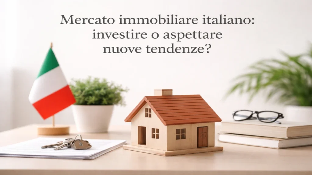 Modello di casa in legno su scrivania con bandiera italiana, chiavi e documenti, simbolo del mercato immobiliare italiano e delle decisioni tra investire o aspettare nuove tendenze